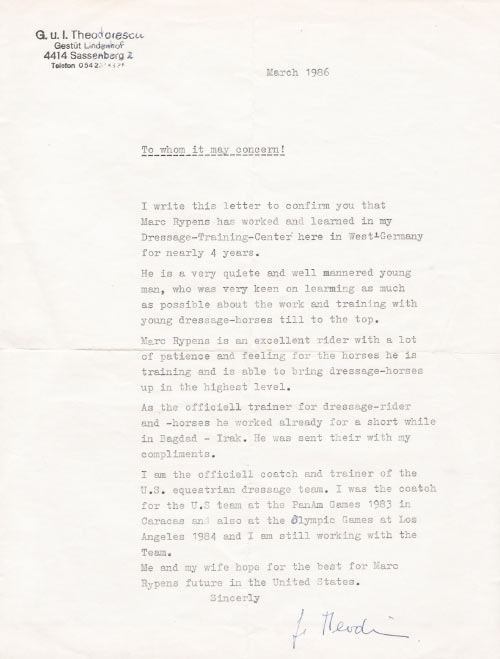 George Theodorescu's letter of recommendation regarding Mark Rijpens